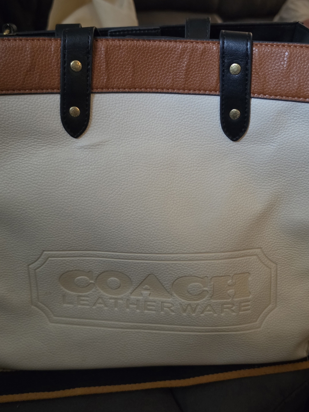 Coach Two-Tone Cream and Brown Leather Tote with Animal Print